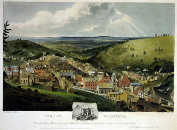 A view of Pottsville, in Schuylkill County, created by J.R. Smith in 1833, and "respectfully dedicated to the enterprising citizens of the Coal Region."